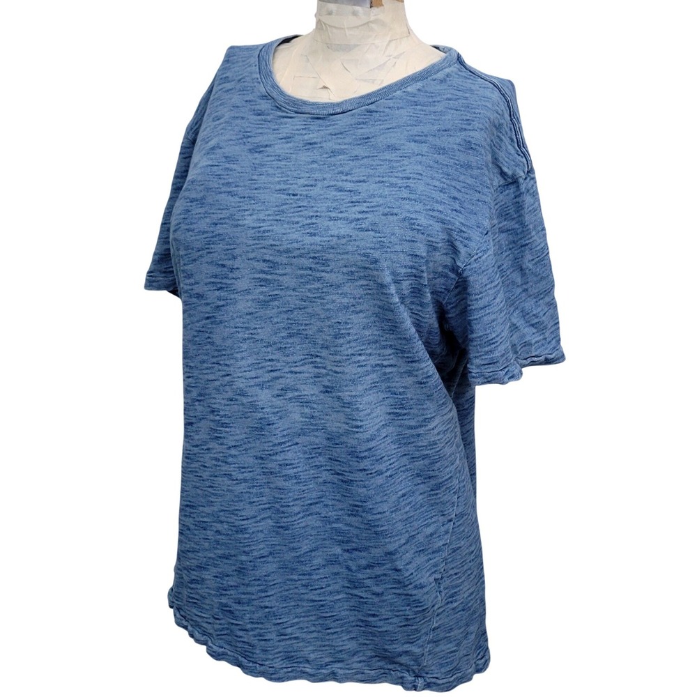 Lucky Brand True Indigo T-Shirt Large Blue Slub Knit Rolled Raw Edge Crew Neck